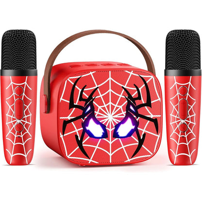 Instiwitt mini karaoke machine for kids front view showing the red spiderman themed bluetooth speaker and two wireless microphones.