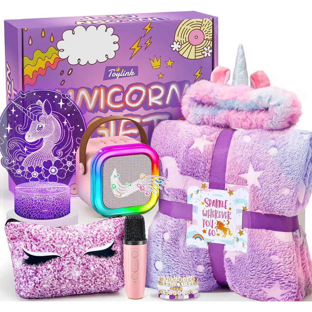 Toylink unicorn gifts for girls 13 piece set front packaging view showcasing karaoke machine and blanket