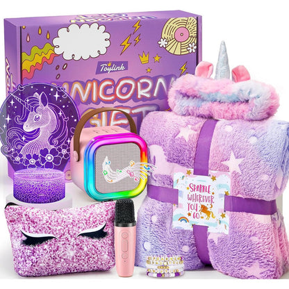 Toylink unicorn gifts for girls 13 piece set front packaging view showcasing karaoke machine and blanket