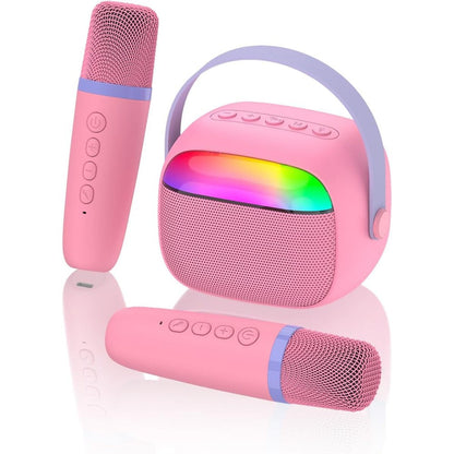 RSSIDOL mini karaoke machine front view showing pink speaker with RGB lights and two wireless mics