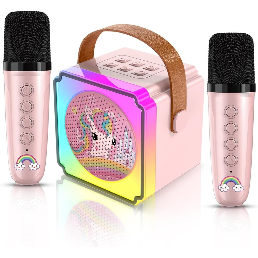 Auney mini karaoke machine for kids pink front view showing speaker grill and unicorn graphics