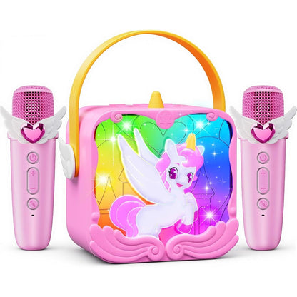 Yitbisy Unicorn Karaoke Machine front view with pink castle speaker and glowing white wings