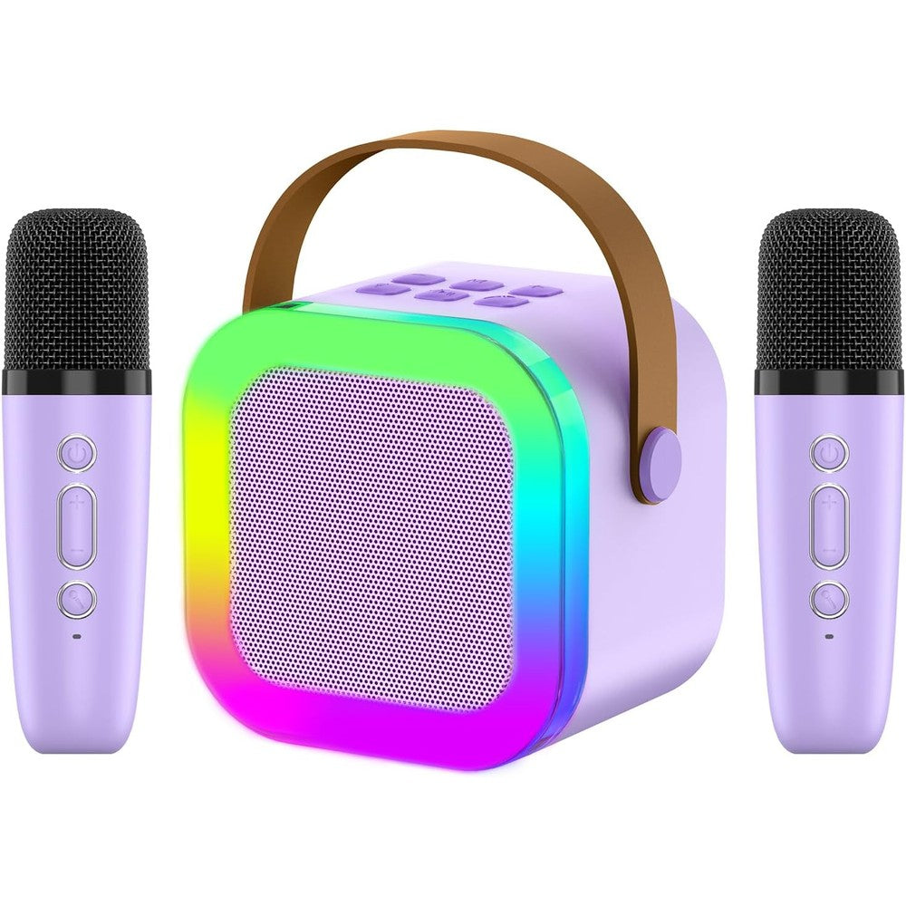 OUTUVAS kids karaoke machine toy front view showing the vibrant red speaker unit with a matching wireless microphone.