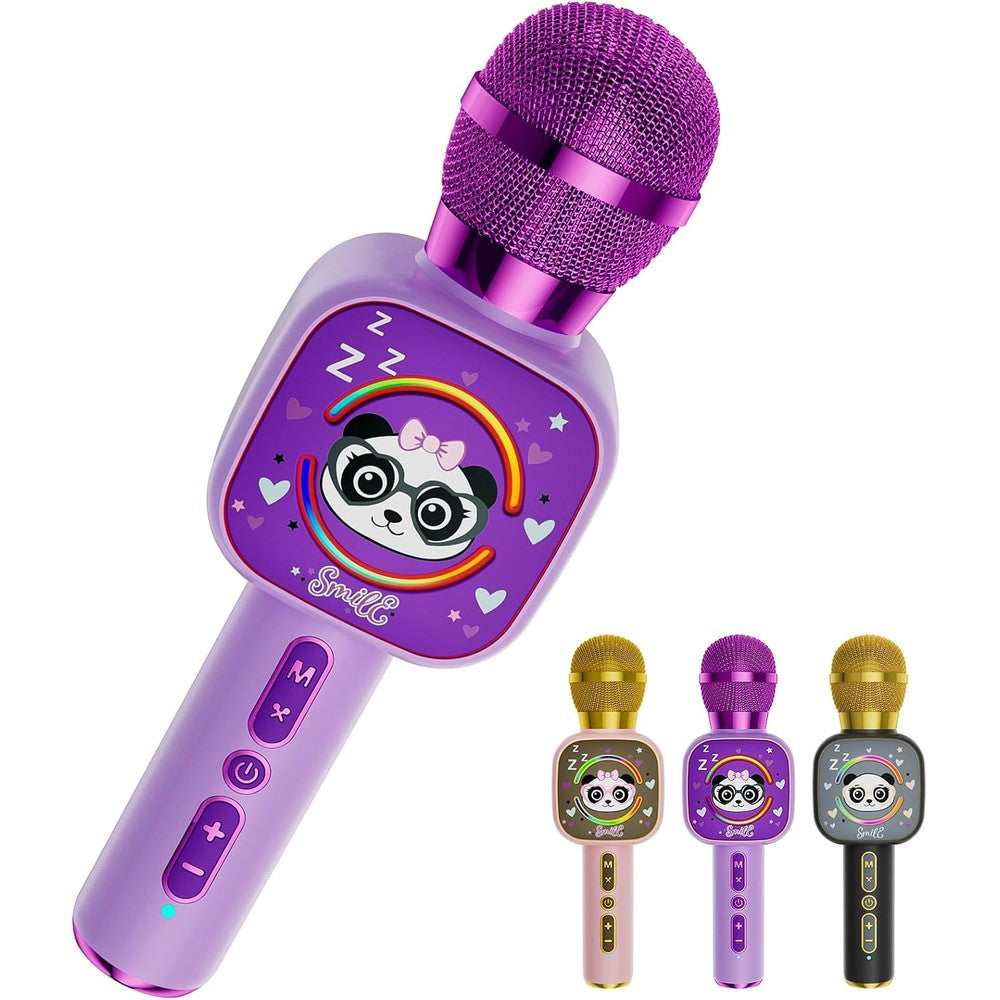 Qnxoat R Bluetooth karaoke microphone toy purple front view showing integrated speaker handle and control buttons.