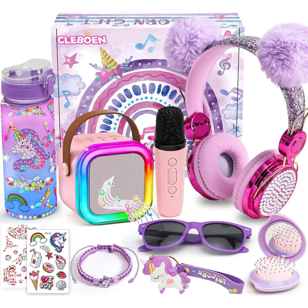 Cleboen unicorn gift set for girls featuring the complete fourteen piece musical and craft collection from the front view.