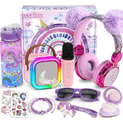 Cleboen unicorn gift set for girls featuring the complete fourteen piece musical and craft collection from the front view.