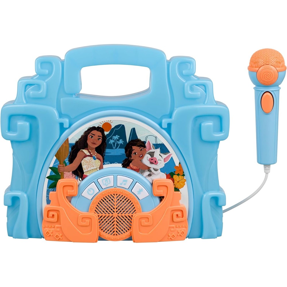 eKids Disney Moana Bluetooth Sing Along Boombox front view showing the character graphics and attached wired microphone.