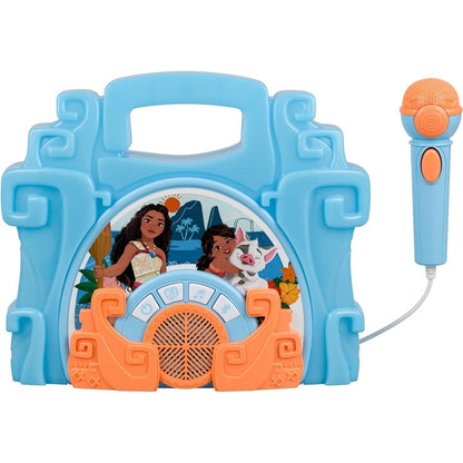 eKids Disney Moana Bluetooth Sing Along Boombox front view showing the character graphics and attached wired microphone.