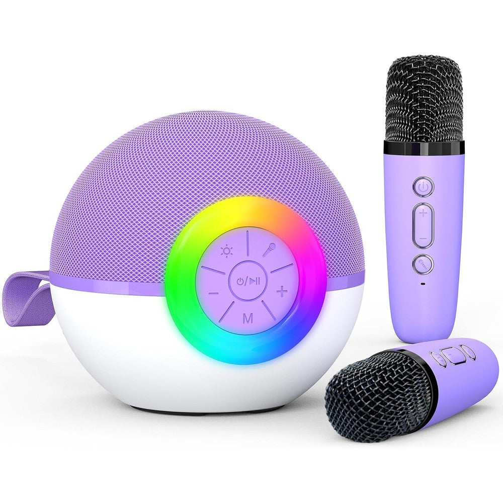 Heroange mini karaoke machine purple front view with two wireless microphones showing led lights