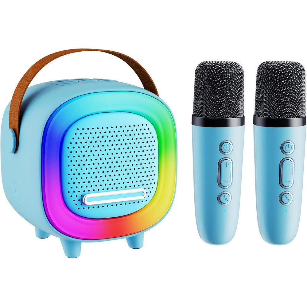 NTEEWAHY mini karaoke machine front view showing retro television blue design and dual wireless microphones