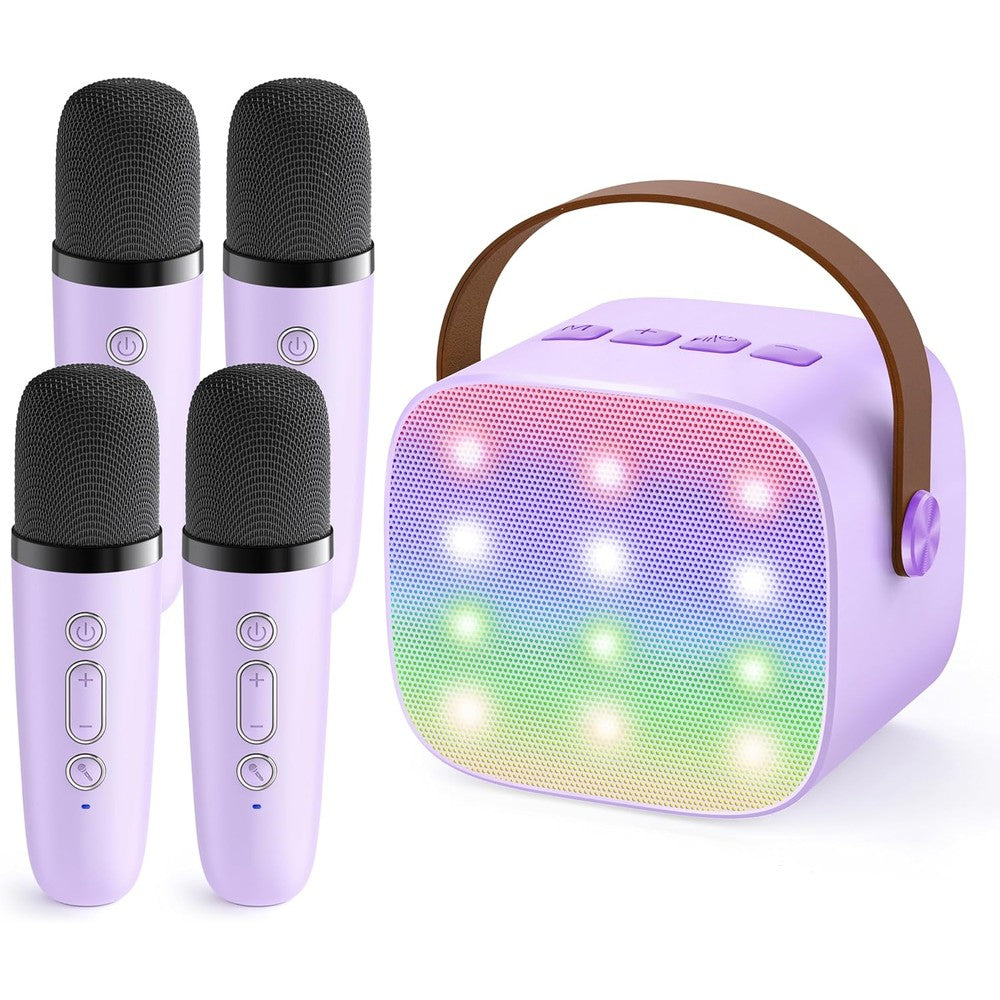 YLL mini karaoke machine in purple showing the main speaker front view and four matching wireless microphones