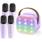 YLL mini karaoke machine in purple showing the main speaker front view and four matching wireless microphones