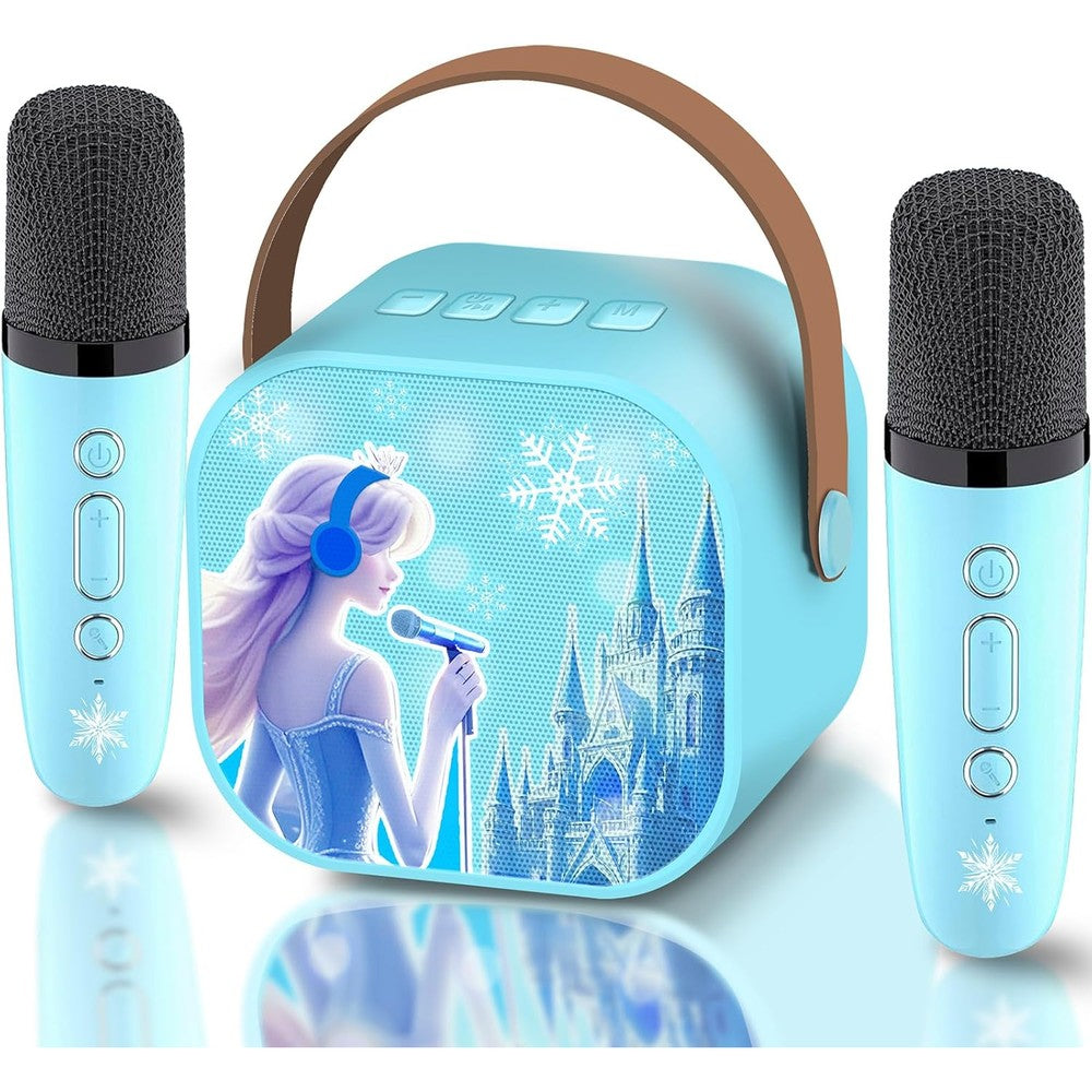 Zhipal Frozen mini karaoke machine front view blue speaker with castle design and two wireless microphones.