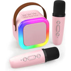 Koolcover mini karaoke machine front view speaker with two pink wireless microphones