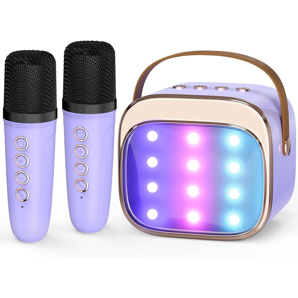 FLUESTON mini karaoke machine front view showing purple speaker and rainbow LED lights