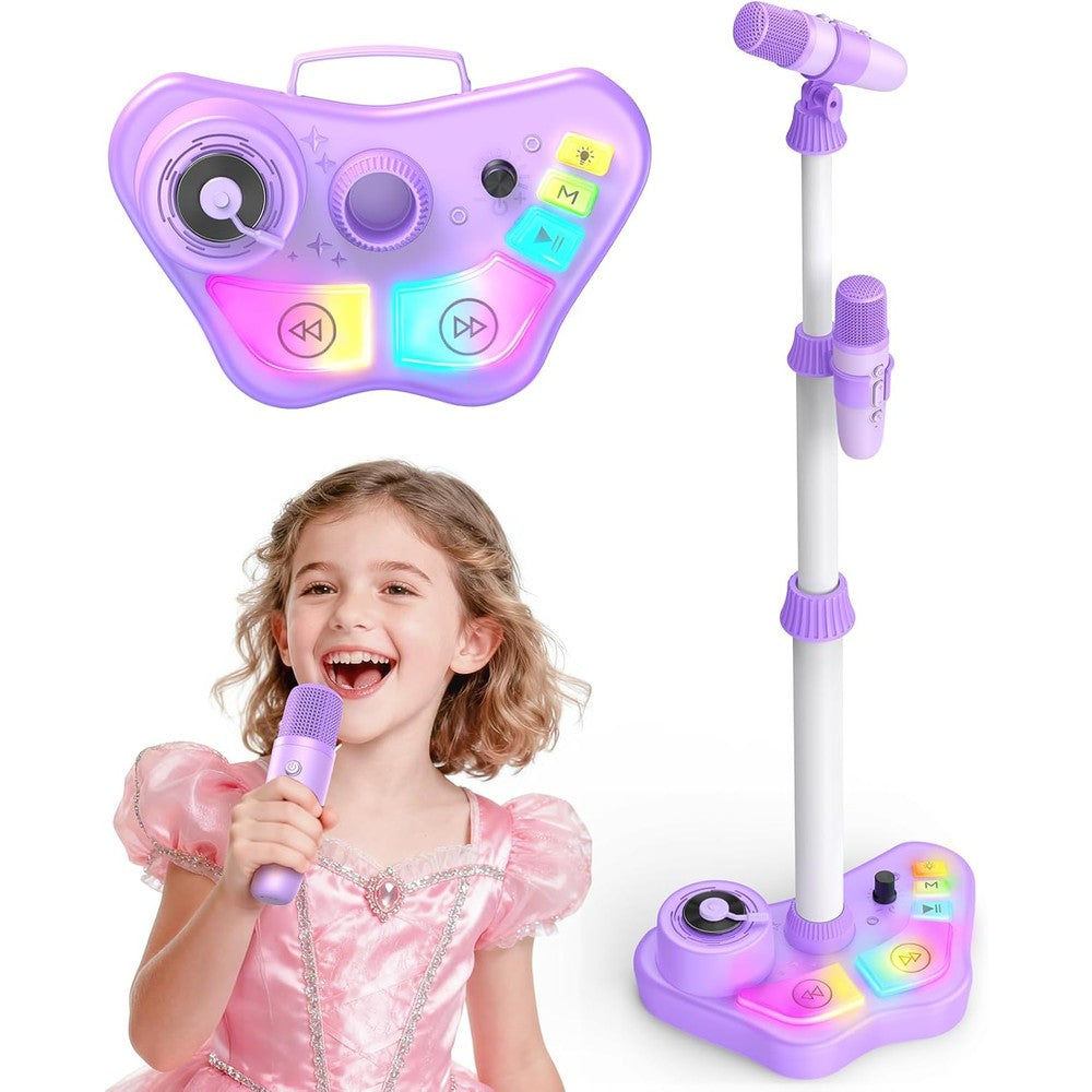 FunforFun! Kids Stand Rechargeable Karaoke Machine front view showing purple base and dual microphones