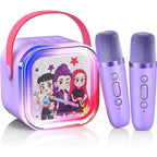 Innofans mini karaoke machine for kids in purple featuring a front view of the speaker and dual wireless microphones.