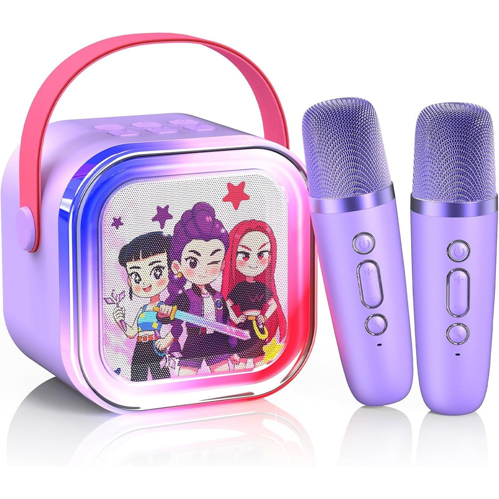 Innofans mini karaoke machine for kids in purple featuring a front view of the speaker and dual wireless microphones.