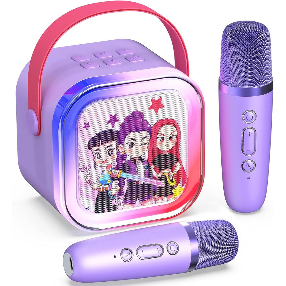 Motivekit mini karaoke machine for kids front view showing purple speaker and two wireless microphones with illuminated LED lights