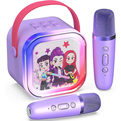 Motivekit mini karaoke machine for kids front view showing purple speaker and two wireless microphones with illuminated LED lights