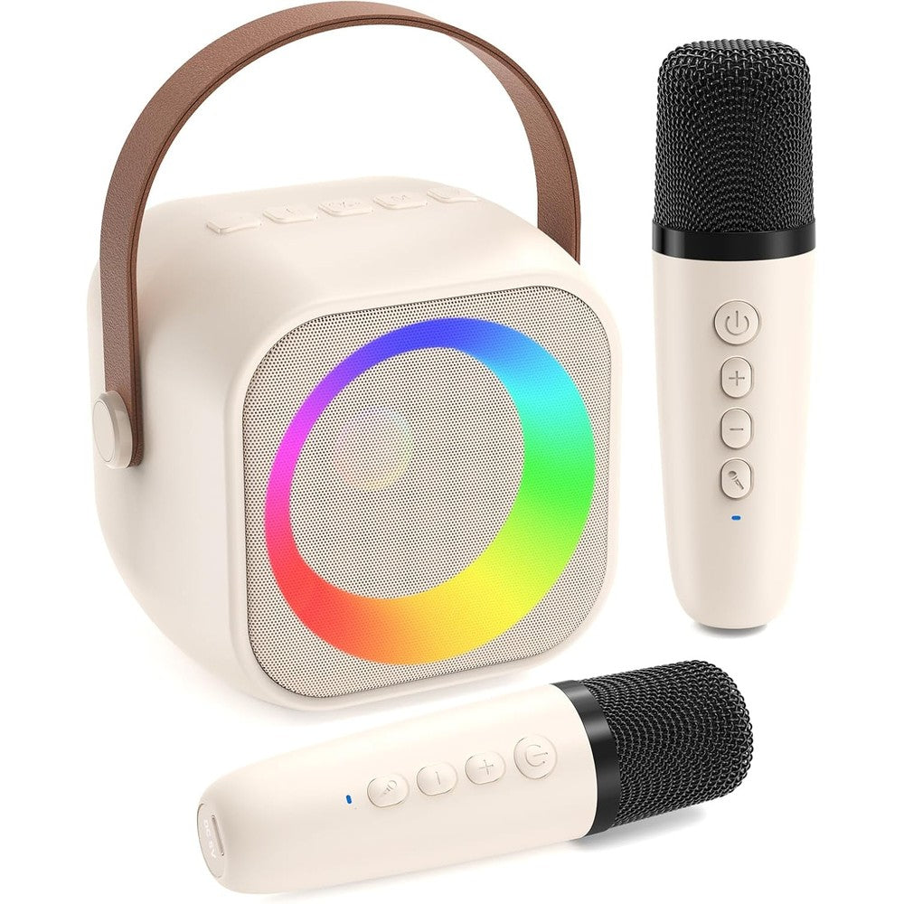 Jeefu kids karaoke machine front view speaker set with dual wireless microphones in beige color