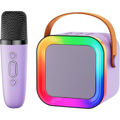 BONAOK mini karaoke machine purple front view showing main speaker grille with RGB LED lighting and wireless microphone.