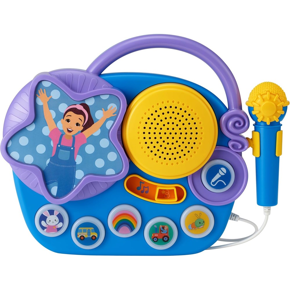 eKids Ms Rachel Karaoke Microphone with Boombox front view showing colorful graphics and attached microphone