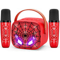 Webspidee mini karaoke machine front view showing red spider design speaker and two microphones