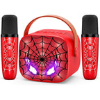 Webspidee mini karaoke machine front view showing red spider design speaker and two microphones