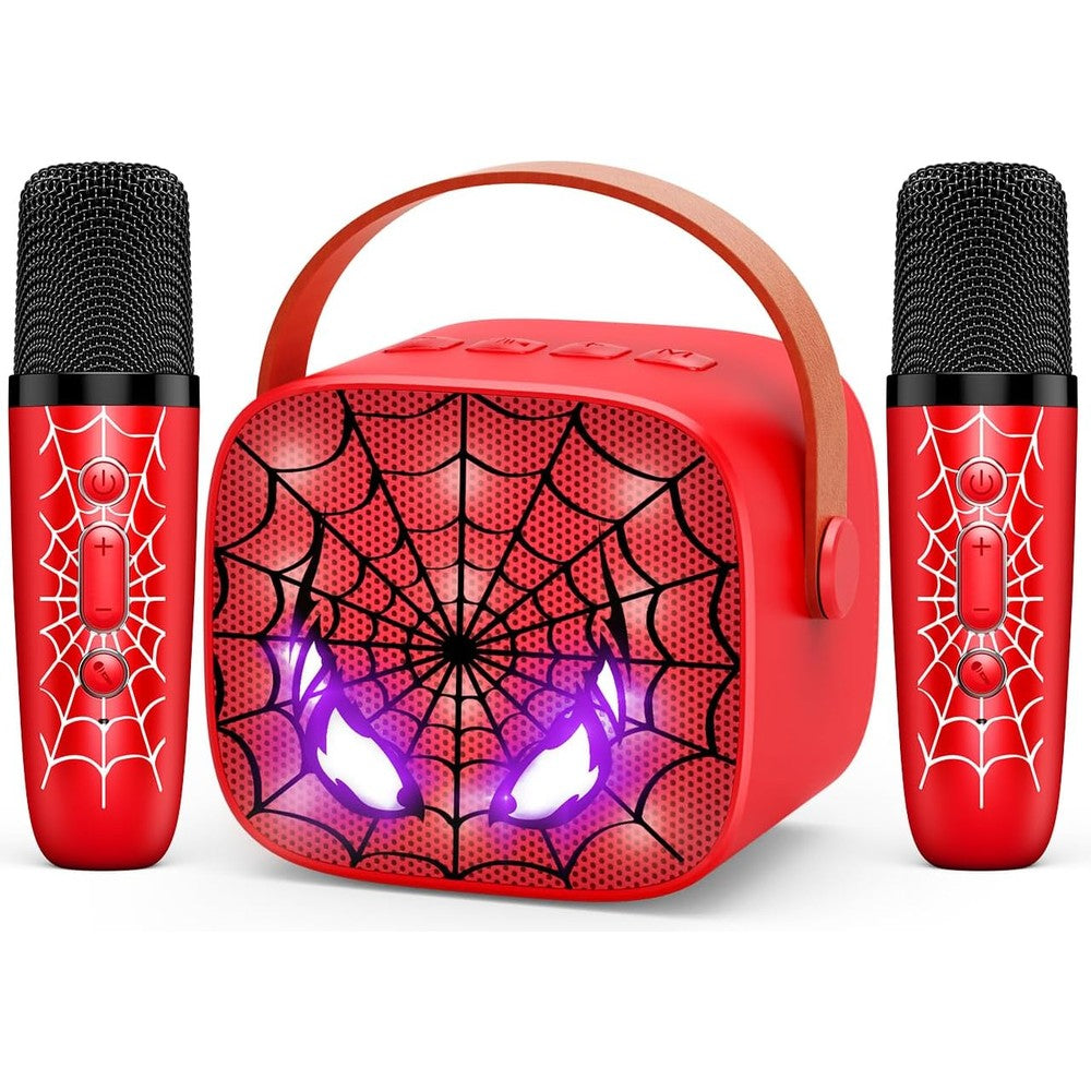 Webspidee mini karaoke machine front view showing red spider design speaker and two microphones