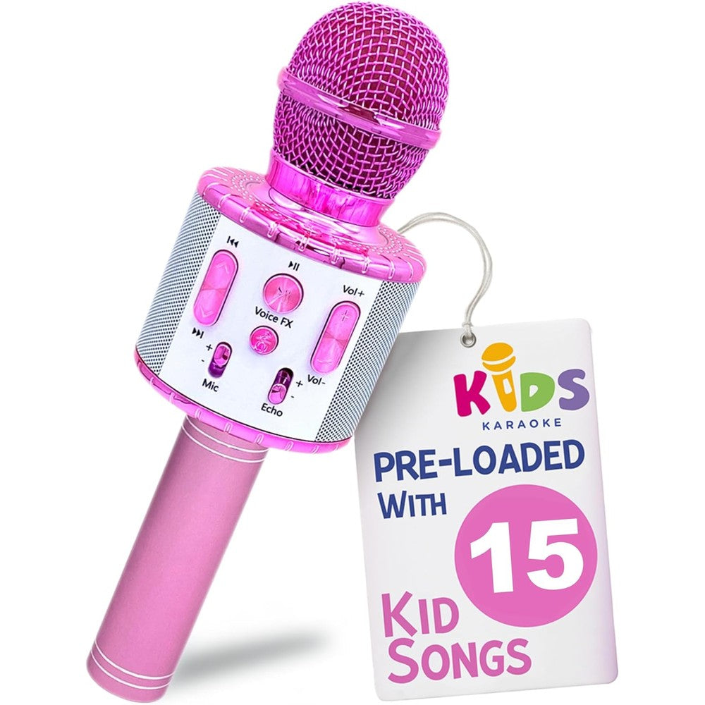 Move2Play Kids Karaoke Microphone front view showing the pink and white design with intuitive button controls.