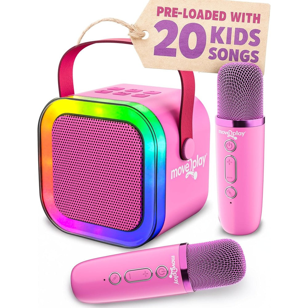 Move2Play mini karaoke machine for kids front view showing blue speaker and two wireless microphones.
