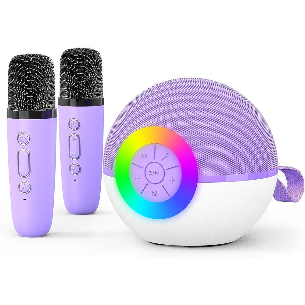 Goopow Mini Karaoke Machine front view showing the purple speaker with its matching dual wireless microphones.