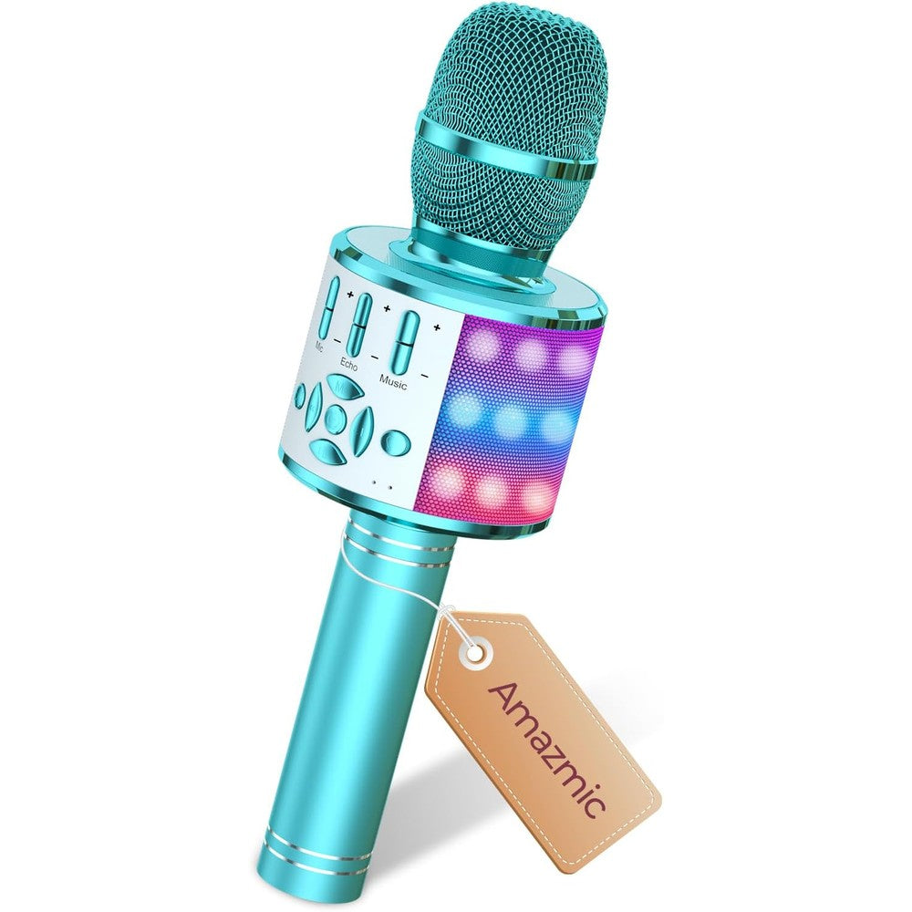 Amazmic kids karaoke microphone machine toy blue front view showing physical control buttons