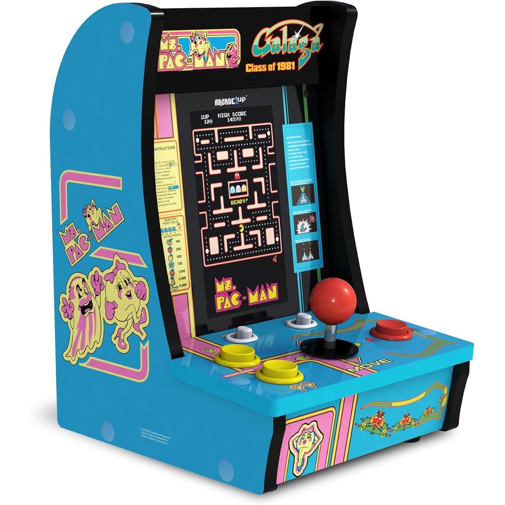 Arcade1Up Class of 81 Ms. Pac-Man and Galaga Countercade front view