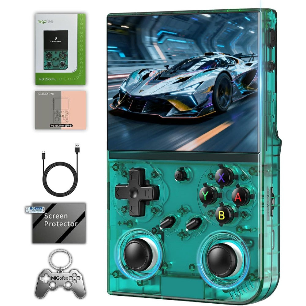 Gatbgefu RG35XX Pro retro handheld game console transparent teal front view
