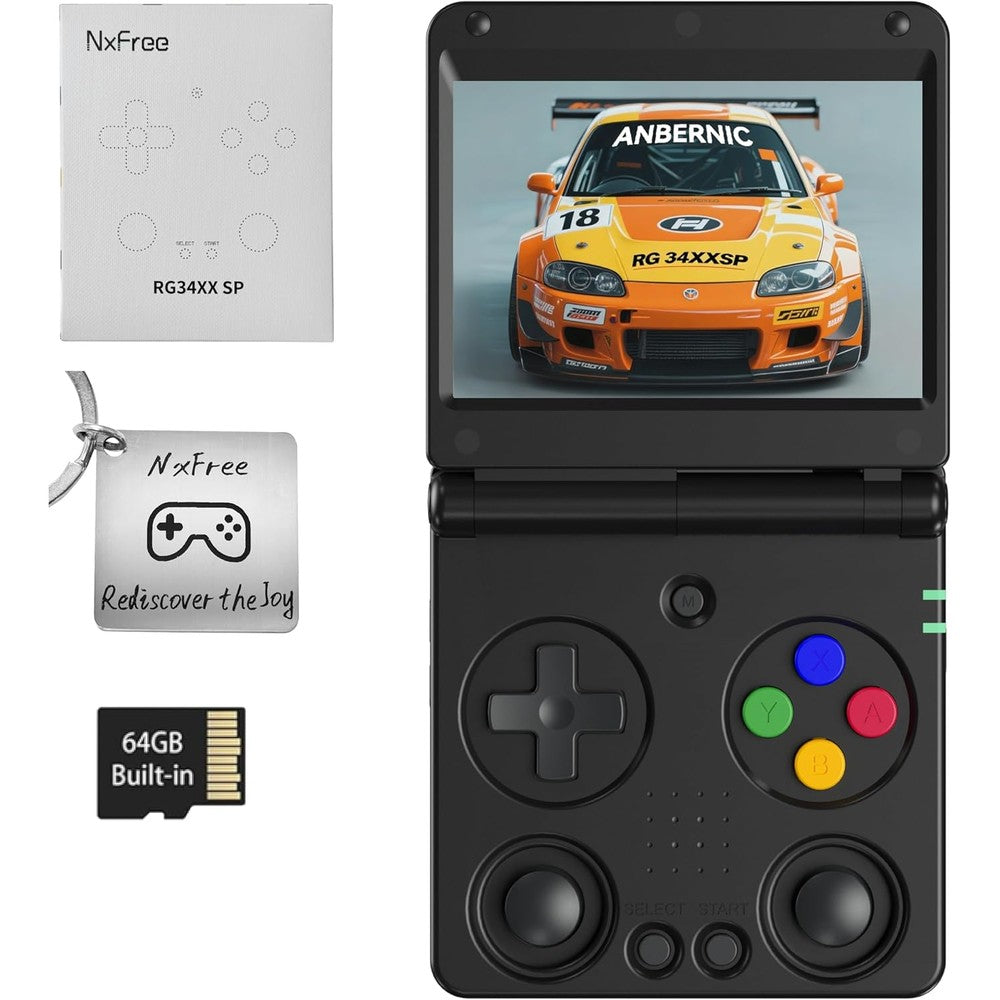 NxFree Anbernic RG34XXSP retro gaming console front view in black