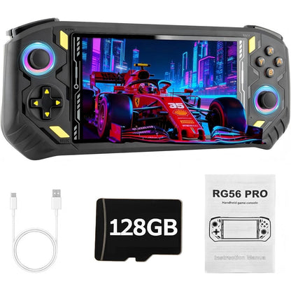 Rhesusco RG56PRO retro handheld game console front view showing gaming interface