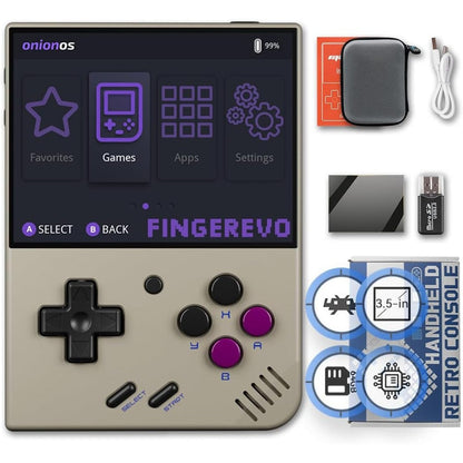 Fingerevo Miyoo Mini Plus handheld console front view in retro gray