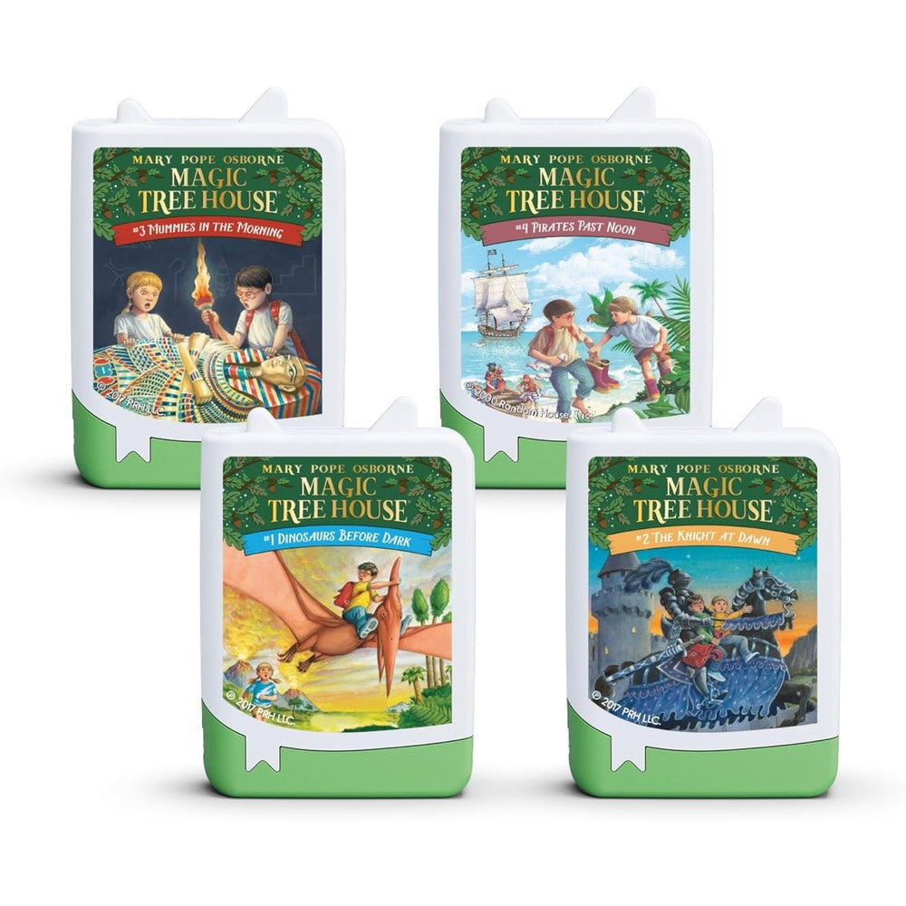 Tonies Magic Tree House Audiobook Set Four Pack showing four green base character figurines for children.