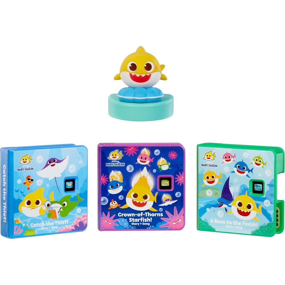 Little Tikes Story Dream Machine Baby Shark Heroes Collection expansion pack containing three story cartridges and one audio character figure
