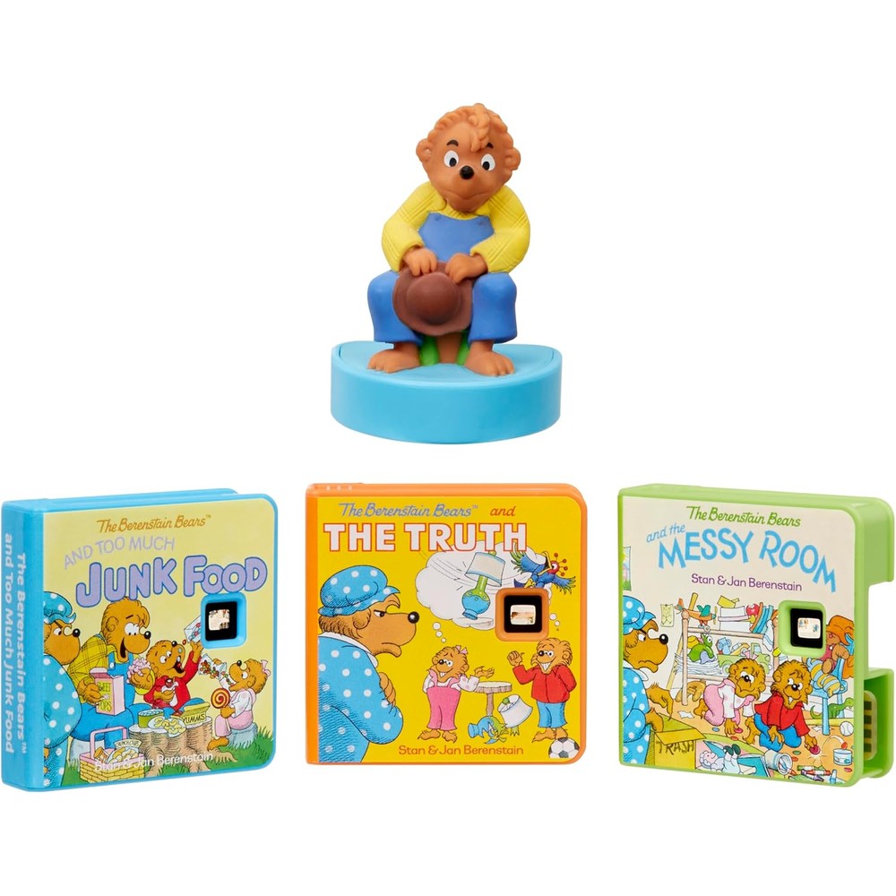 Little Tikes Story Dream Machine Berenstain Bears pack front view showing three story cartridges and Papa Bear figurine