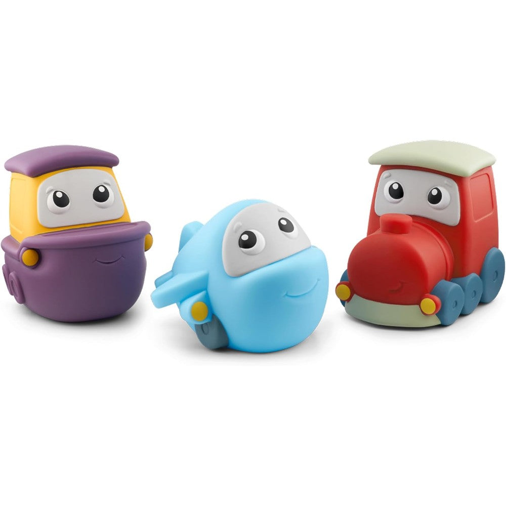 Tonies My First Travel Set front packaging view featuring soft airplane ship and train audio toy figurines