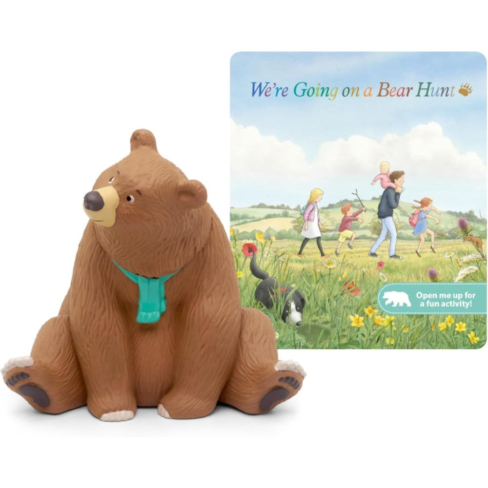 Tonies Were Going on a Bear Hunt audio toy figurine front view showcasing the brown bear character wearing a teal scarf.