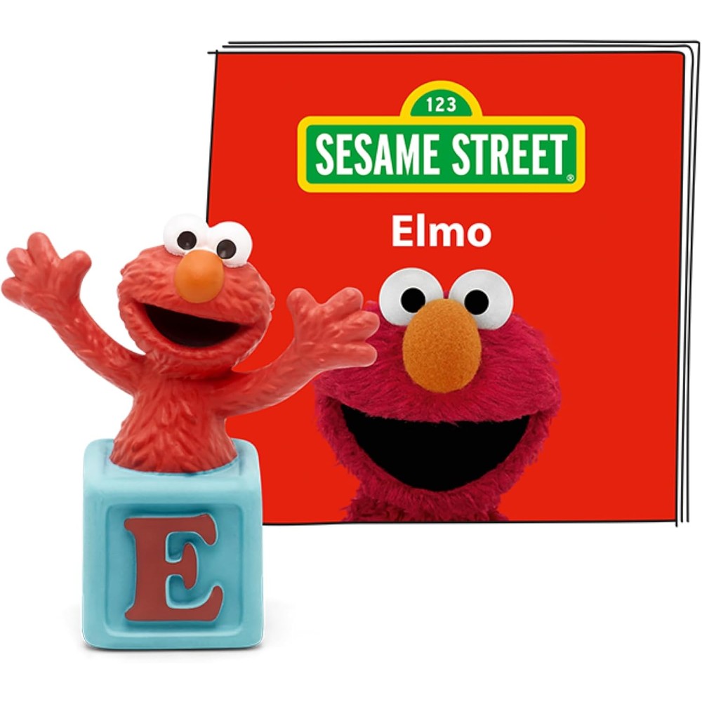 Tonies Sesame Street Elmo audio play figurine front view on blue alphabet block