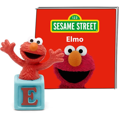 Tonies Sesame Street Elmo audio play figurine front view on blue alphabet block