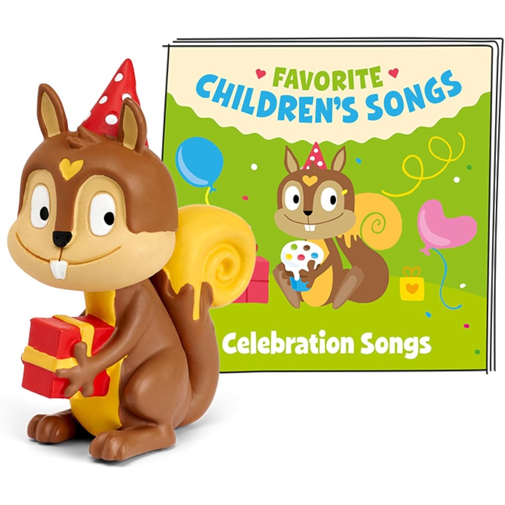 Tonies Celebration Songs audio toy figurine front view showcasing the squirrel character holding a present.