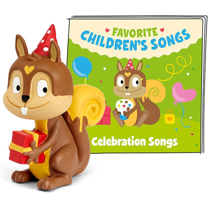 Tonies Celebration Songs audio toy figurine front view showcasing the squirrel character holding a present.