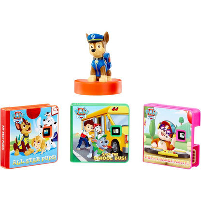 Little Tikes Story Dream Machine PAW Patrol Hero Collection front view packaging showcasing the Chase figurine and three story cartridges.