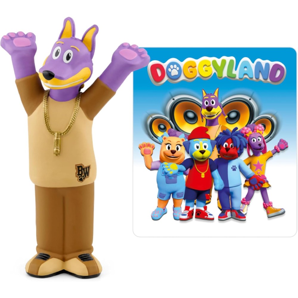 Tonies Doggyland Bow Wizzle audio toy figurine front view showing colorful hip-hop puppy character design.